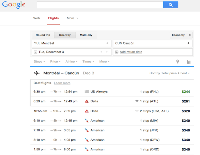 List of flights and prices by airlines